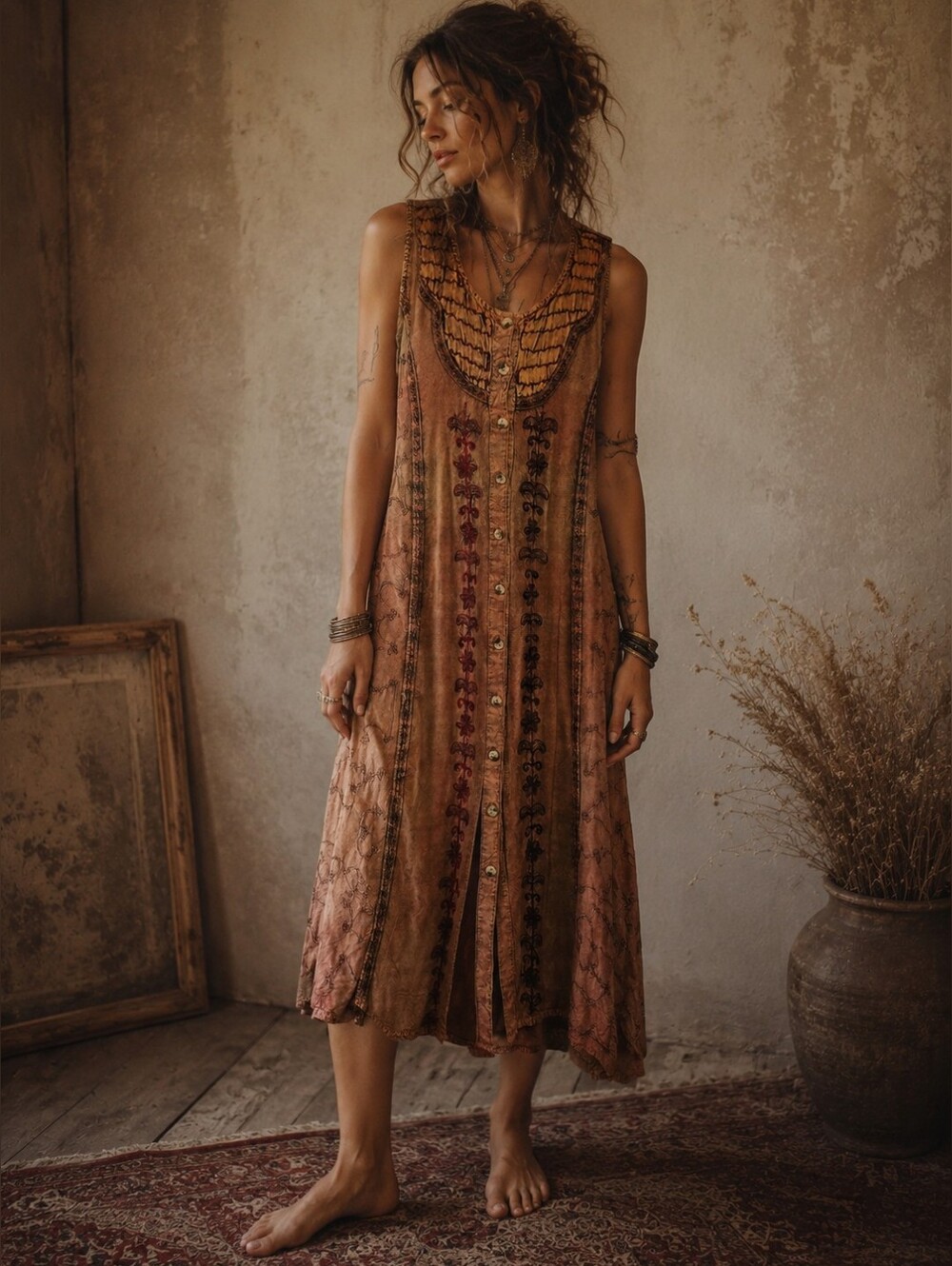 Vintage 90s Pagoda Boho Embroidered Dress Size 1X Rayon Artsy Indie
